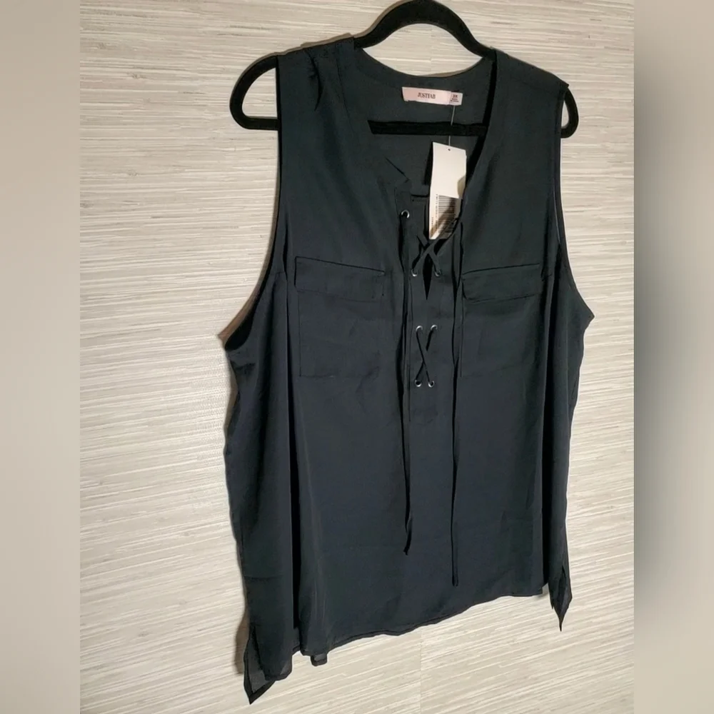 JustFab Black Lace-Up Safari Tank Sheer Sleeveless Top Size 3X NWT - Picture 6 of 10